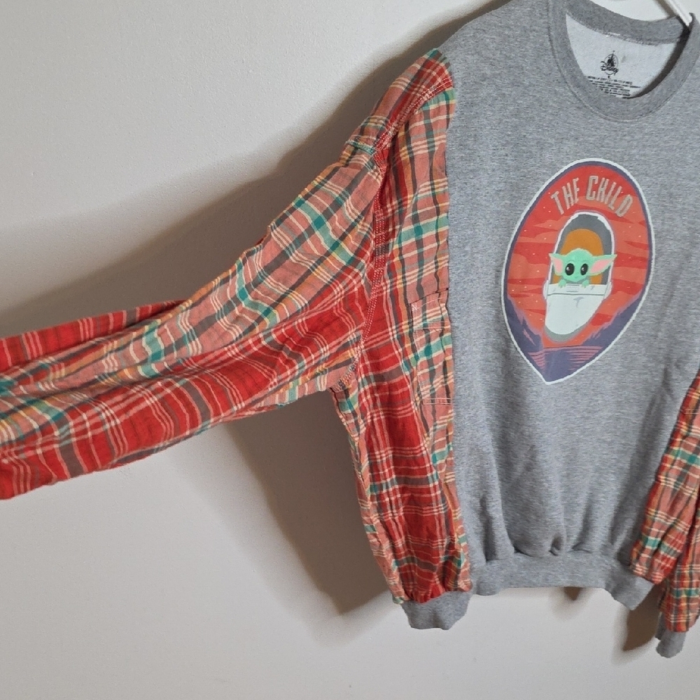 Disney Gray The Child Custom Sweatshirt with Plaid Sleeves Sz Medium OOAK Custom - Picture 2 of 7